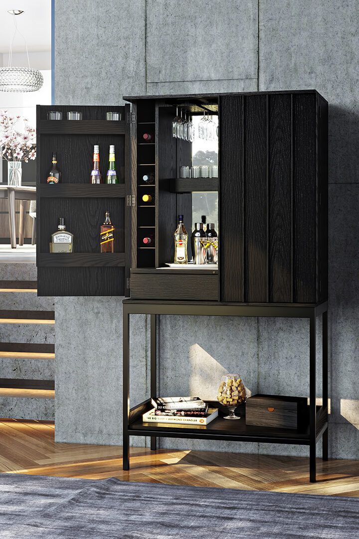 BDI Cosmo 5720 home bar cabinet in black finish.