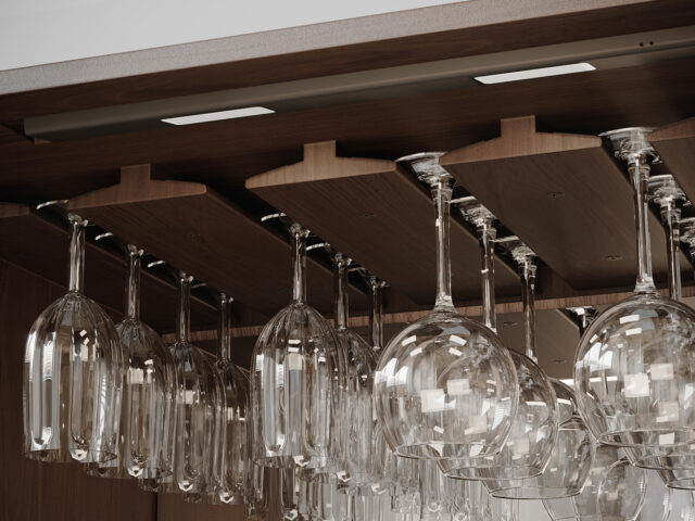 BDI Cosmo 5720 home bar racking space for wine glasses and rechargeable LED light.