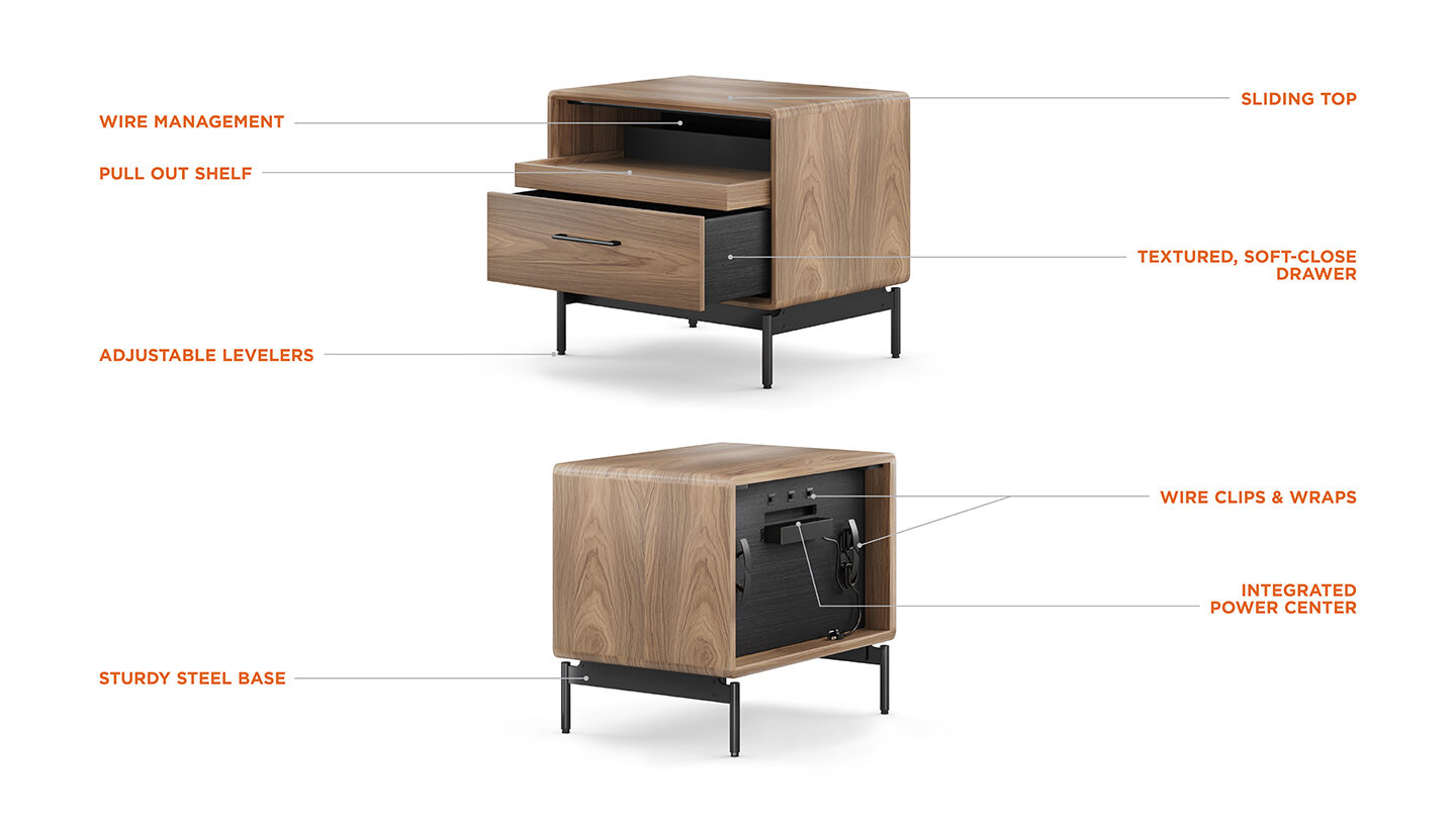 BDI LINQ 9182 modern walnut bedside nightstand features