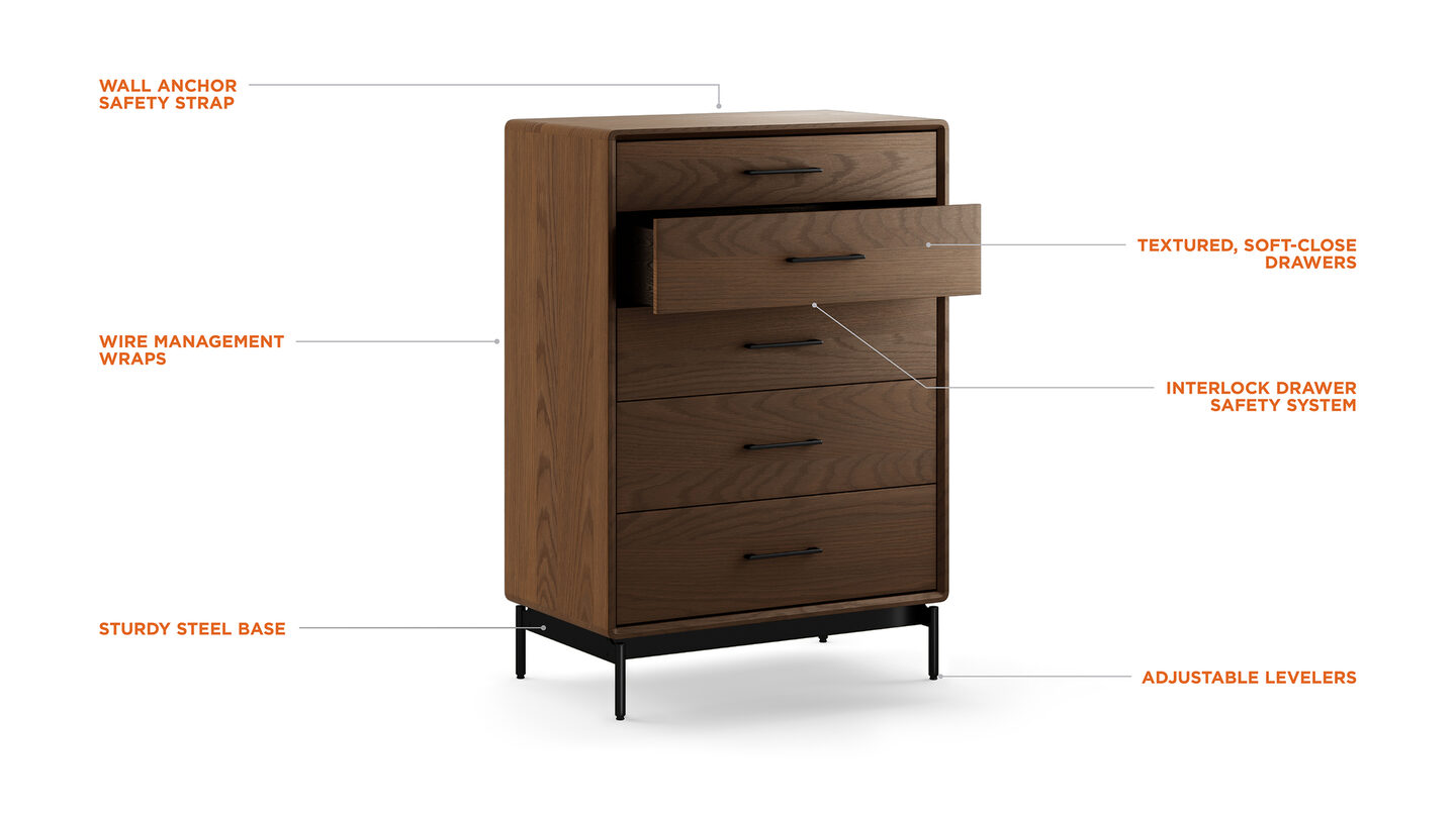 Linq 9185 MOC modern five drawer tall chest bdi furniture features call out