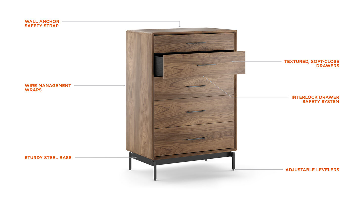 Features of the LINQ 9185 tall 5-drawer wardrobe chest by BDI Furniture.