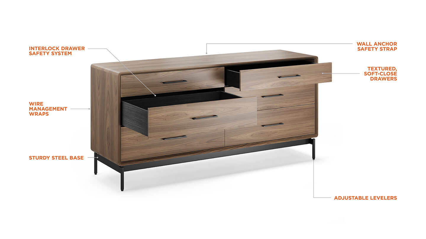 Features of the LINQ 9186 wide 6-drawer dresser by BDI Furniture.