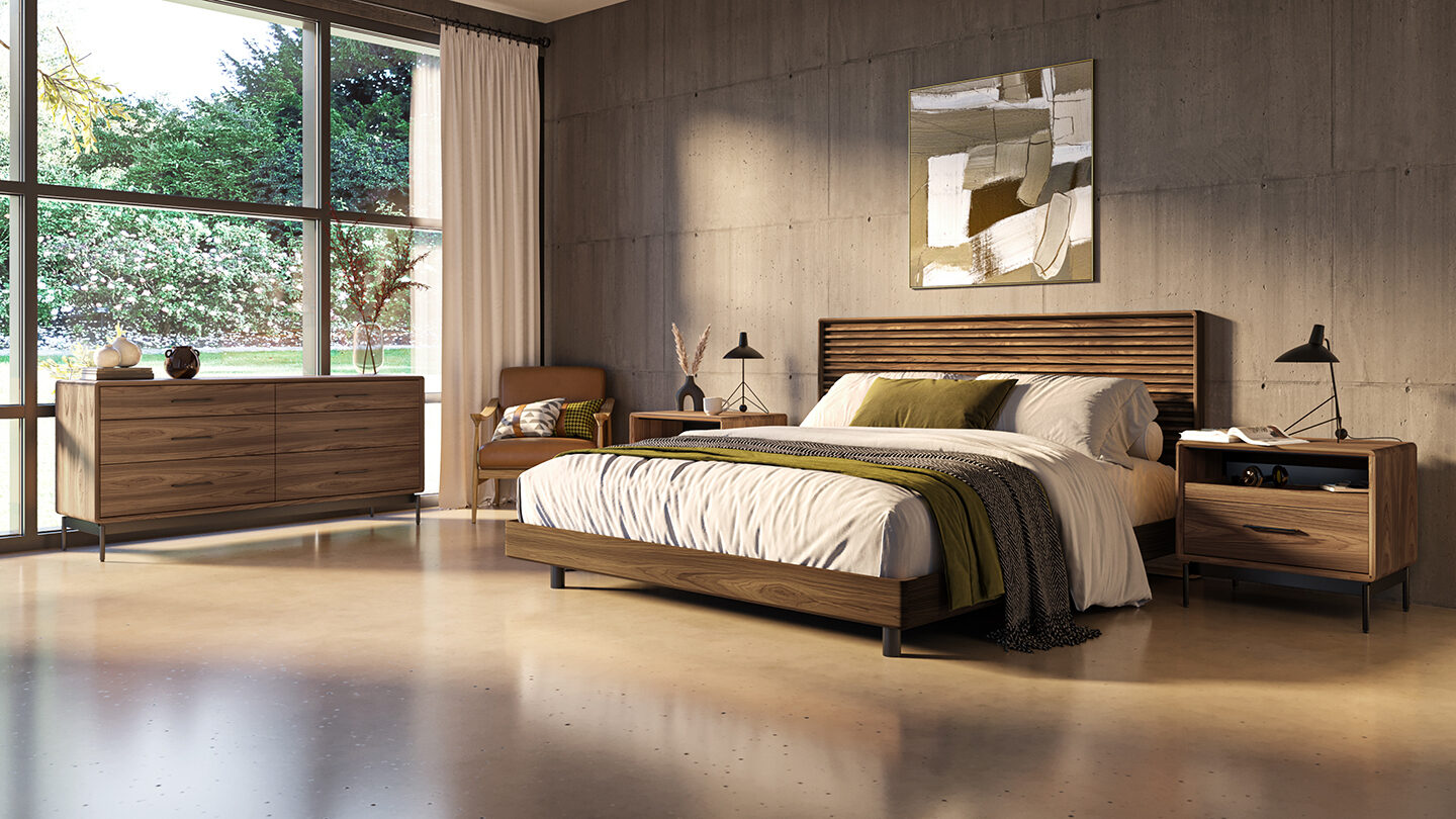 Cross linq bed 9129 nightstand 9182 dresser 9186 BDI natural walnut modern bedroom furniture 1440 810