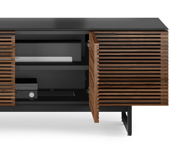 Corridor media cabinet with soundbar storage.
