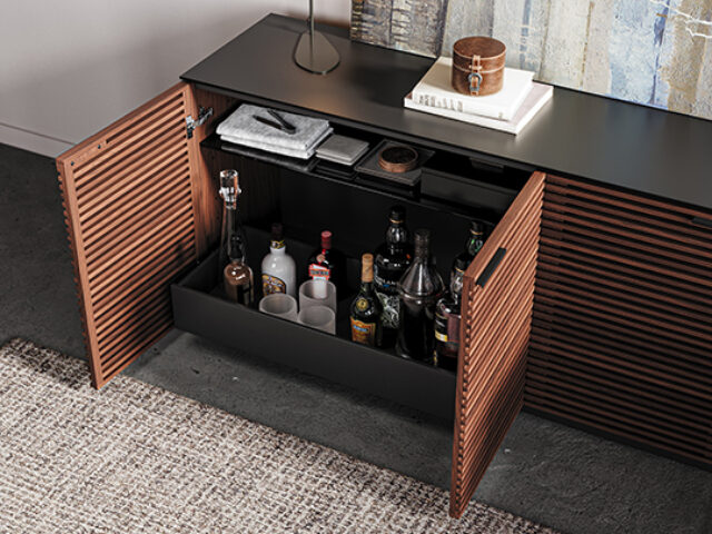 Overhead shot of the Corridor 8109 storage credenza with 2 doors open to reveal the storage drawer installed on the bottom of the cabinet as a serving tray.