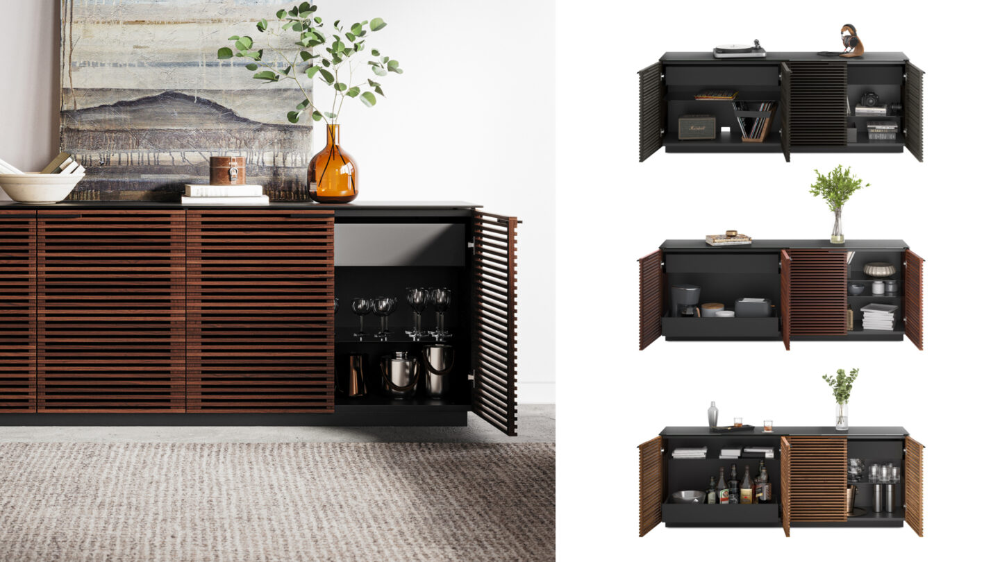 BDI Corridor 8109 collage, showcasing the 4-door cabinet's customizable storage.