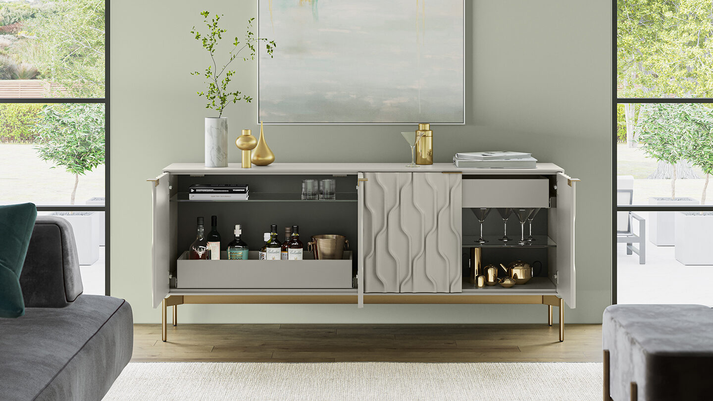 Mesa credenza 7639 BDI furniture stone grey brushed brass modern storage bar cabinet 1440