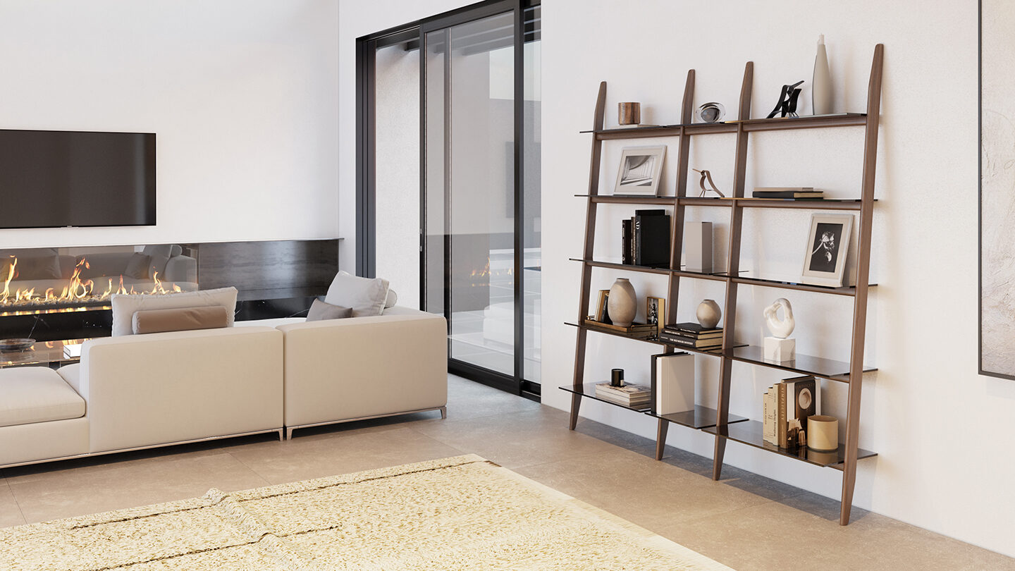 Stiletto 5701 modern leaning ladder shelf system bdi furniture walnut 1440