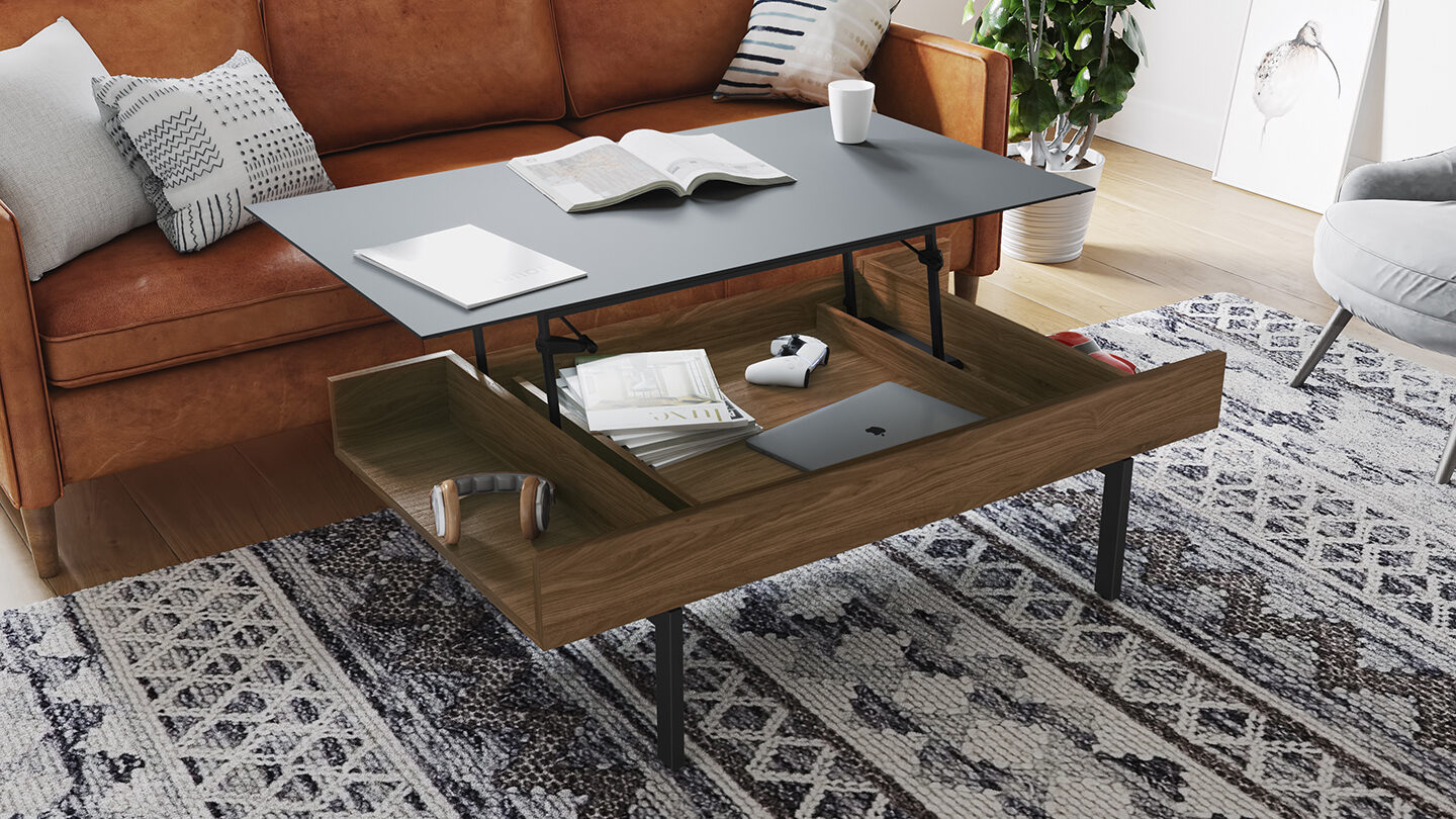 Reveal modern glass top height adjustable coffee table BDI furniture walnut 1440