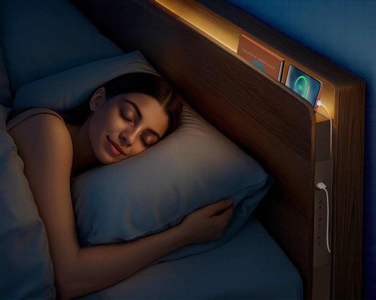 Phone resting in headboard shelf while charging