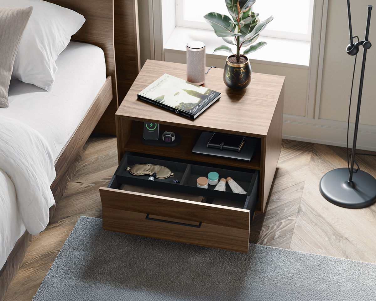 An organized nightstand with storage and an accessory tray