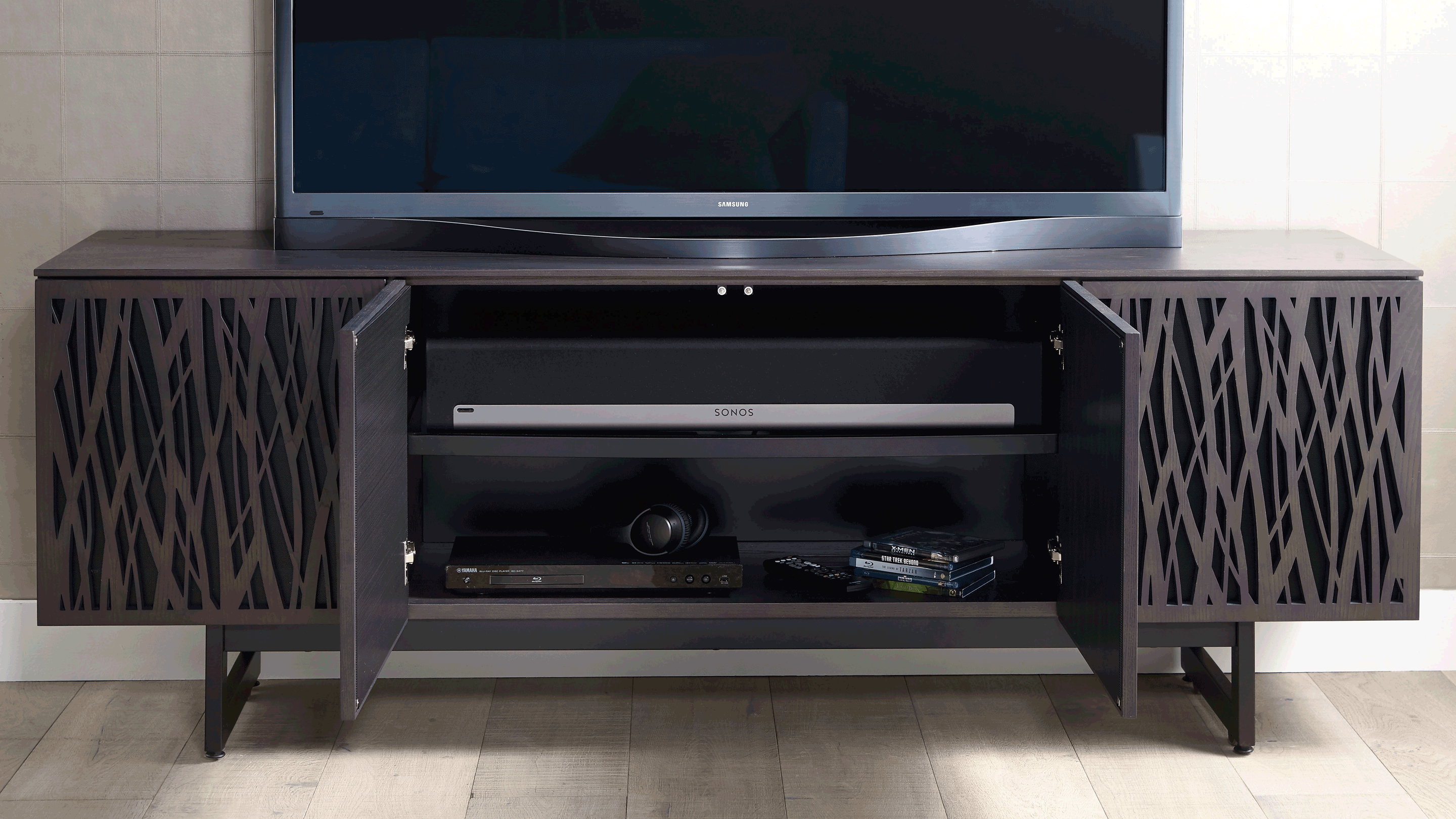 The BDI Elements media cabinet in charcoal finish, showing a built in sound bar platform.