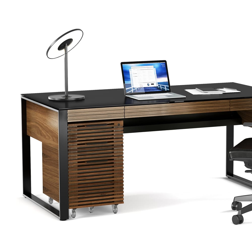 Modern walnut office furniture desk with glass top