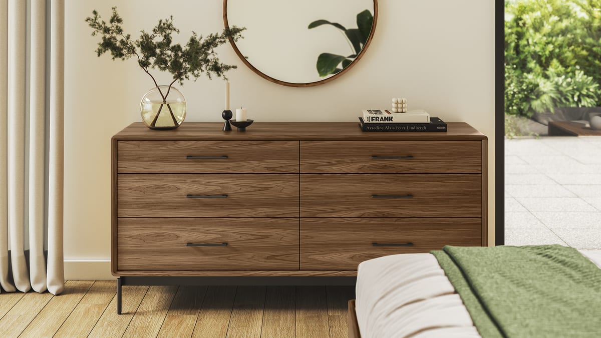 Linq dresser 9186 round mirror 9190 BDI natural walnut modern bedroom furniture gallery 3200 1800
