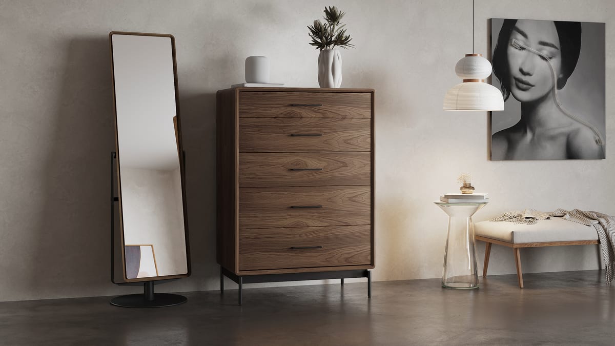 Linq tall chest modern bedroom furniture bdi walnut slider