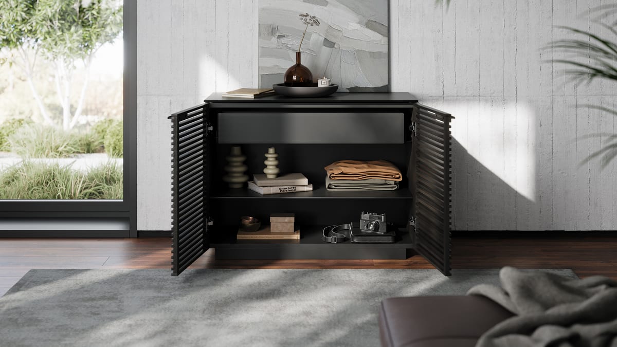 Corridor storage 8108 BDI modern louvered cabinet charcoal slider