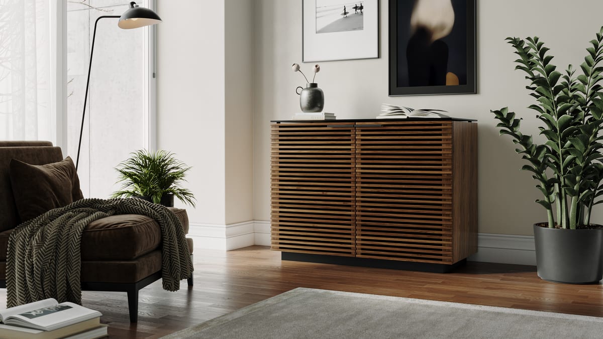 Corridor storage 8108 BDI wood glass louvered cabinet slider 1