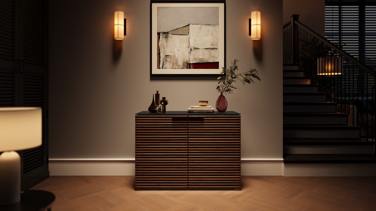 Corridor storage 8108 BDI wood glass louvered cabinet walnut slider 6