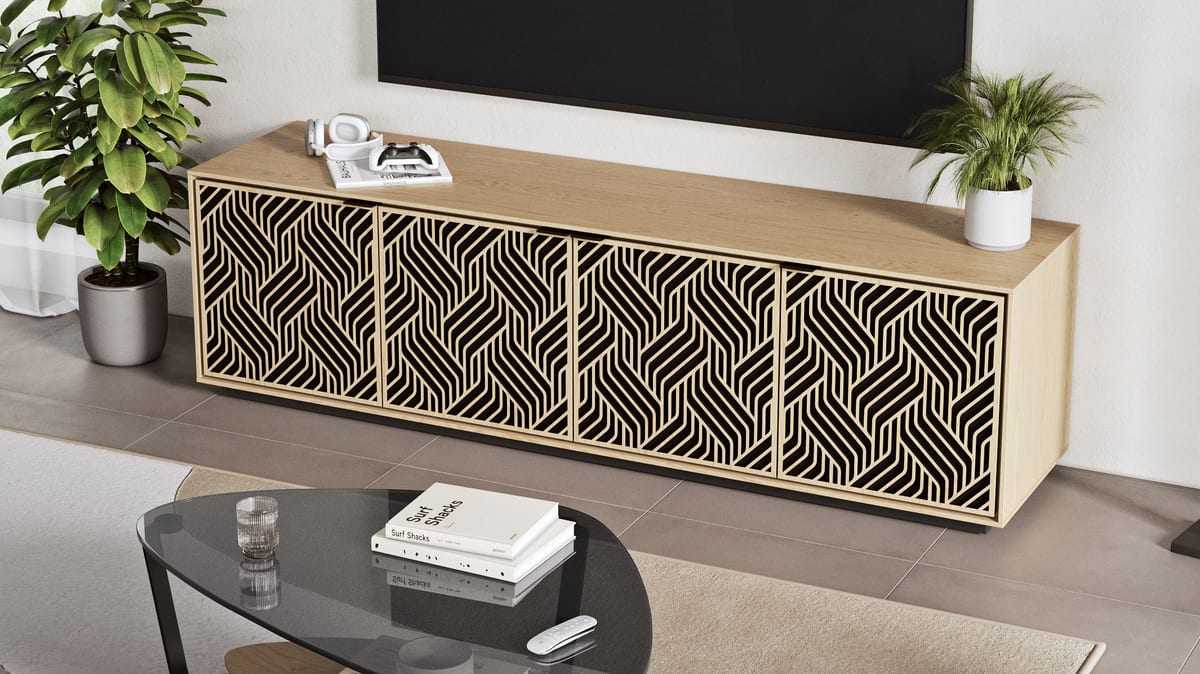The Elements modern TV stand and storage cabinet by BDI Furniture is shown with its doors closed in a living room. It has a washed oak finish and Weave door pattern.