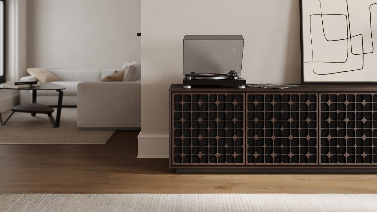 Elements constellation media storage cabinet 8703 BDI rolling base toasted oak slider