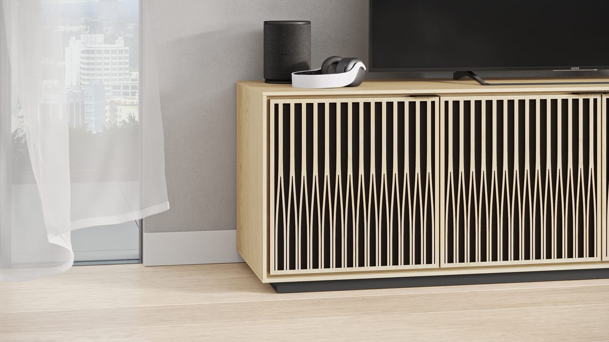 Elements tune media and storage cabinet 8703 BDI rolling base washed oak slider