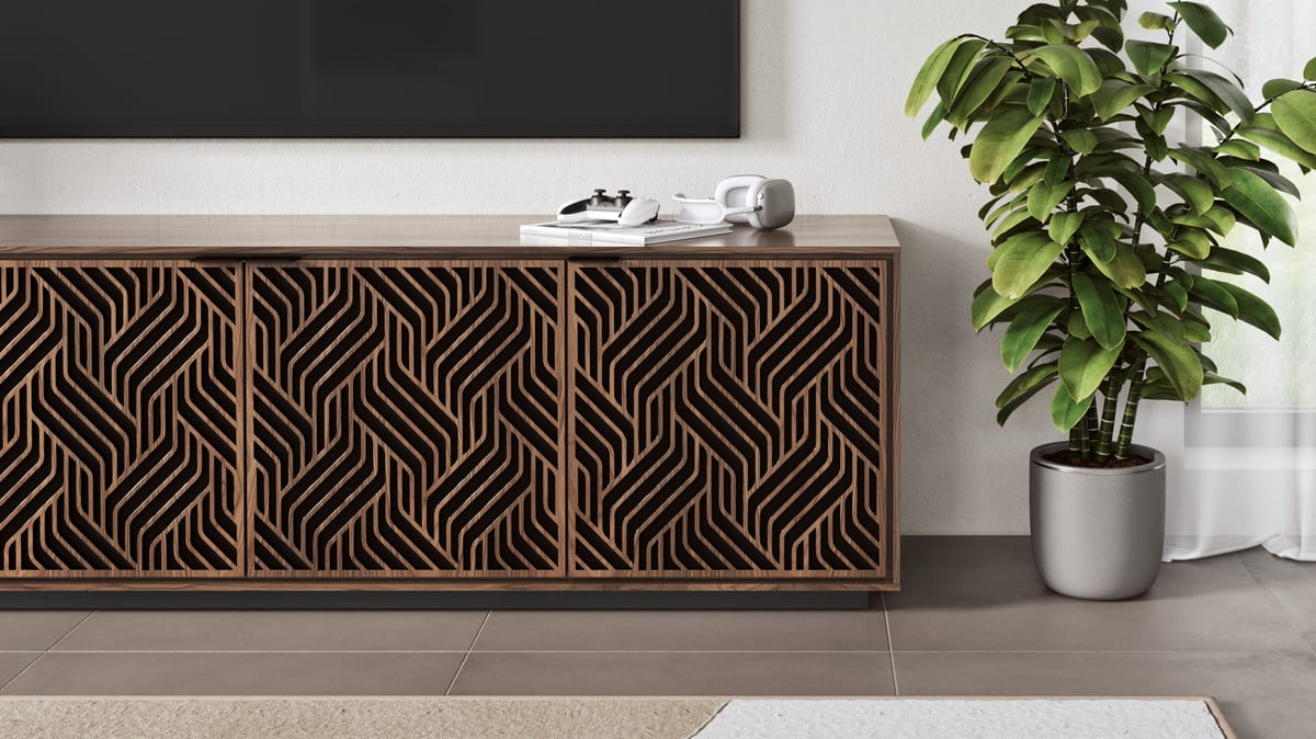 Elements weave media storage cabinet 8703 BDI media base walnut slider