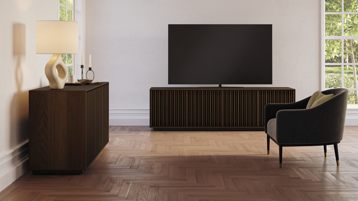 Profile 8477 8479 BDI toasted oak mediastorage cabinet slider