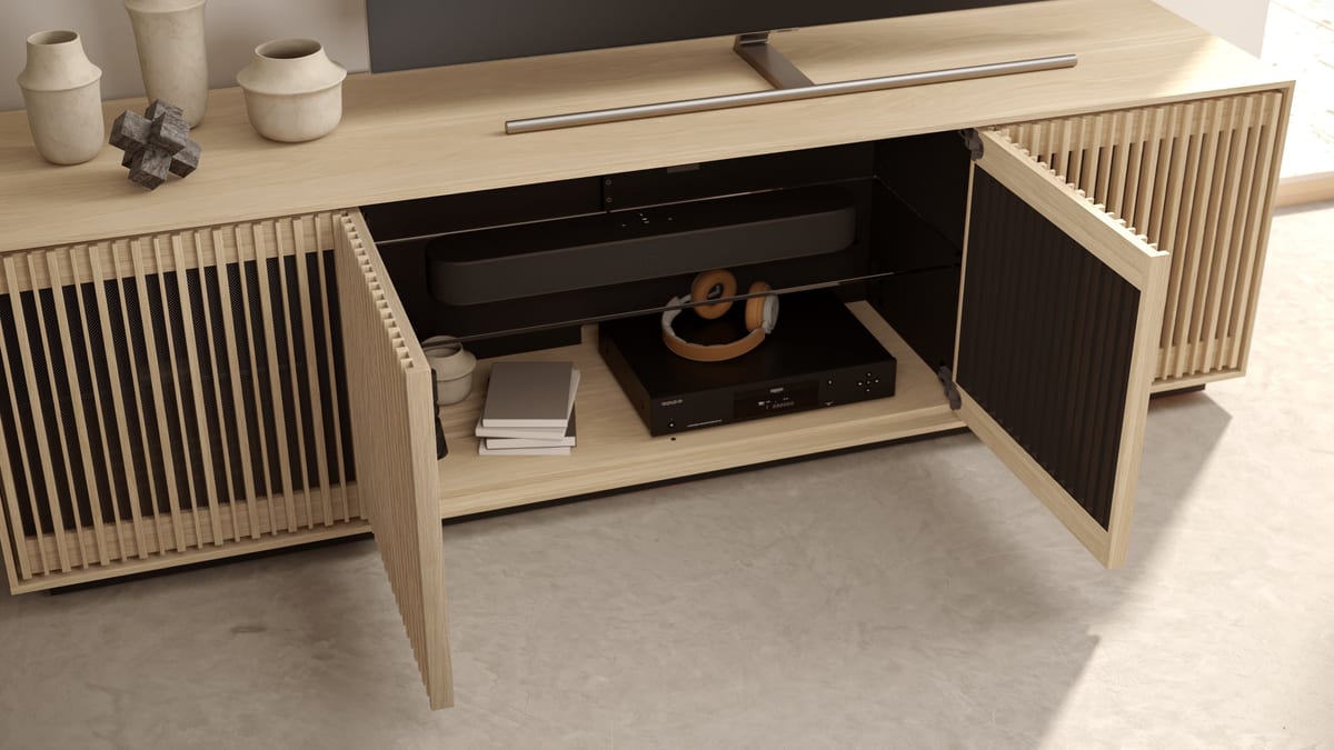 Profile 8479 BDI washed oak media storage cabinet slider