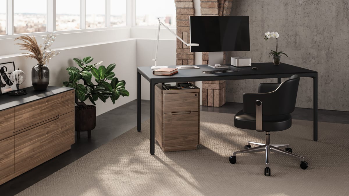 BDI Circa office task chair paired with Luma Office desk and storage in a modern home office setting.