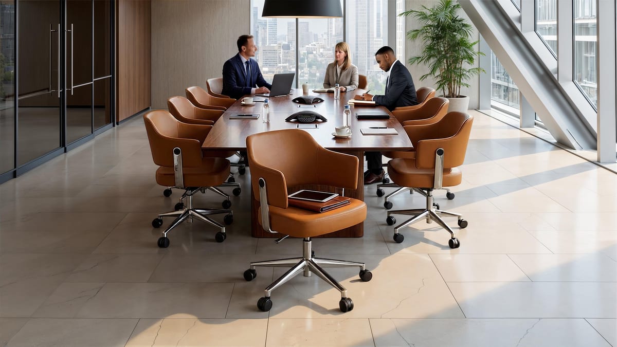 BDI Circa office task chairs in leather arranged around a modern conference table in a commercial workspace.