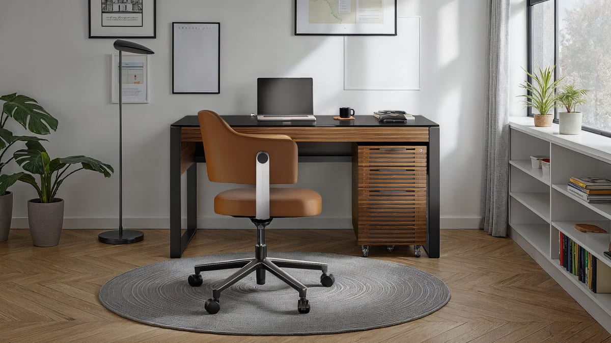 BDI Circa office task chair paired with Corridor Office desk and storage in a modern home workspace.