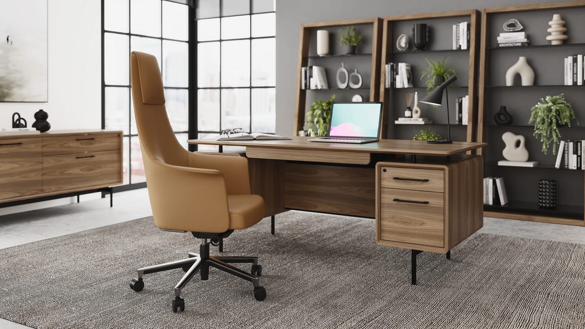 Linq office BDI modern desk credenza walnut furniture slider