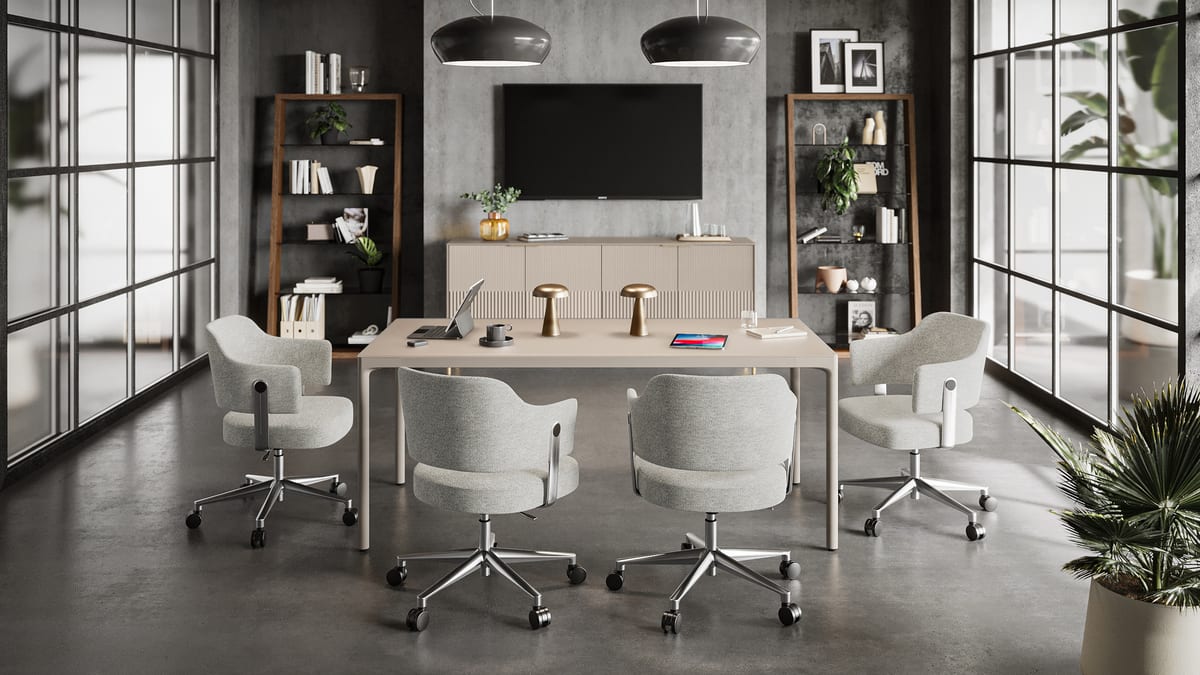 Luma 72x34 desk in Dune shown as a spacious executive desk in a large office setting.