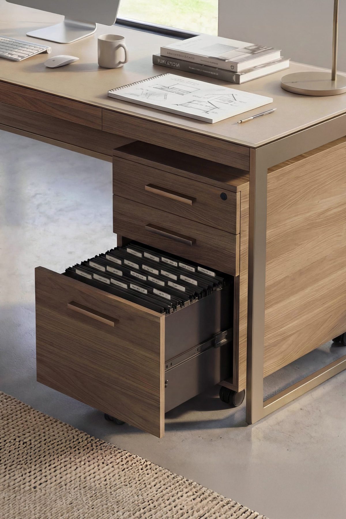 BDI Sequel Studio 6607 mobile file pedestal under desk workspace in Neo Walnut / Bronze finish, with file drawer open.