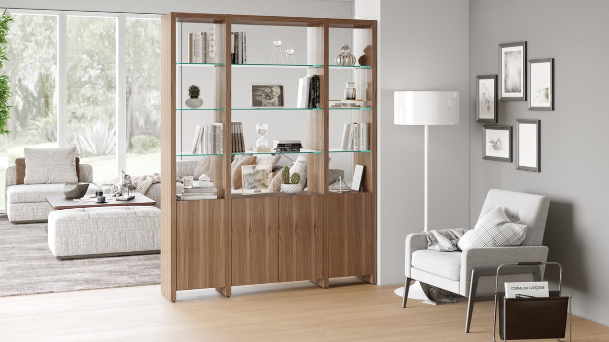 Linea modern shelf shelving system BDI walnut room divider slider