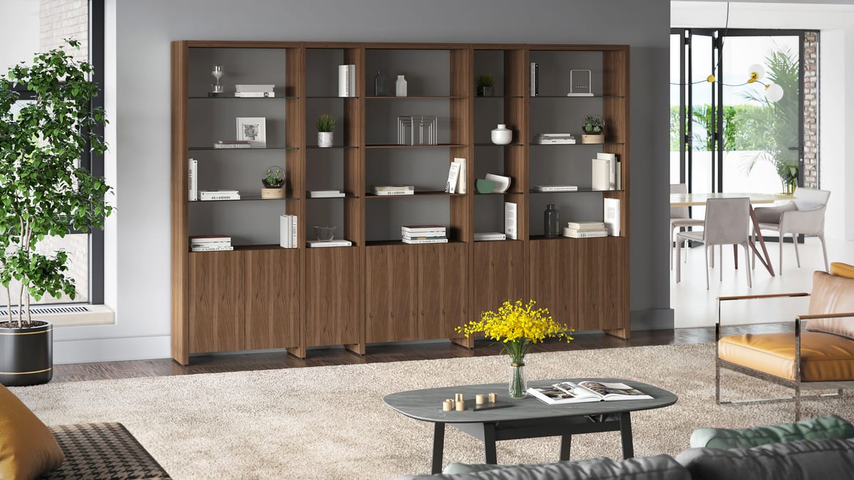 Linea modern shelves bookcase system 5801 5802 BDI walnut slider