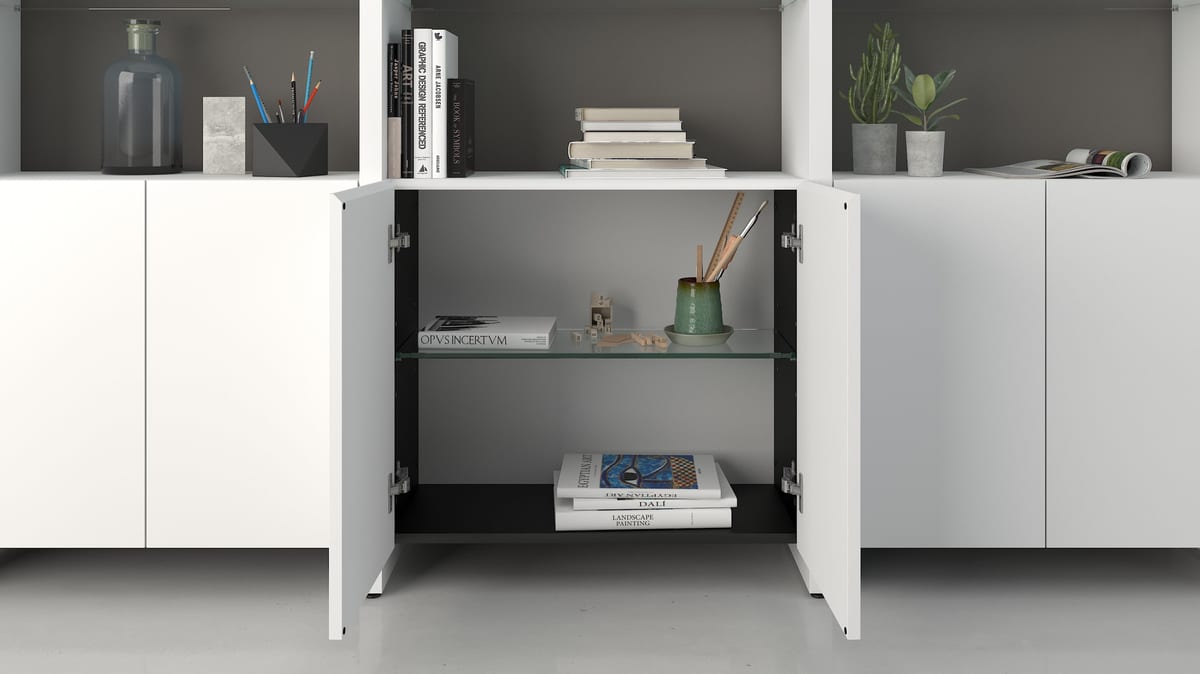 Linea modern Shelf shelving system Opened Doors white bookshelf slider