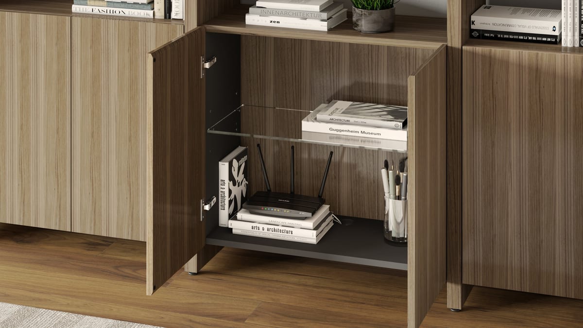 Linea shelf BDI open door detail Natural Walnut slider