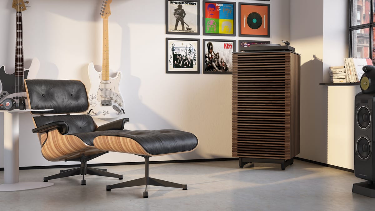 BDI Corridor 8172 modern AV tower audio stereo cabinet natural walnut slider