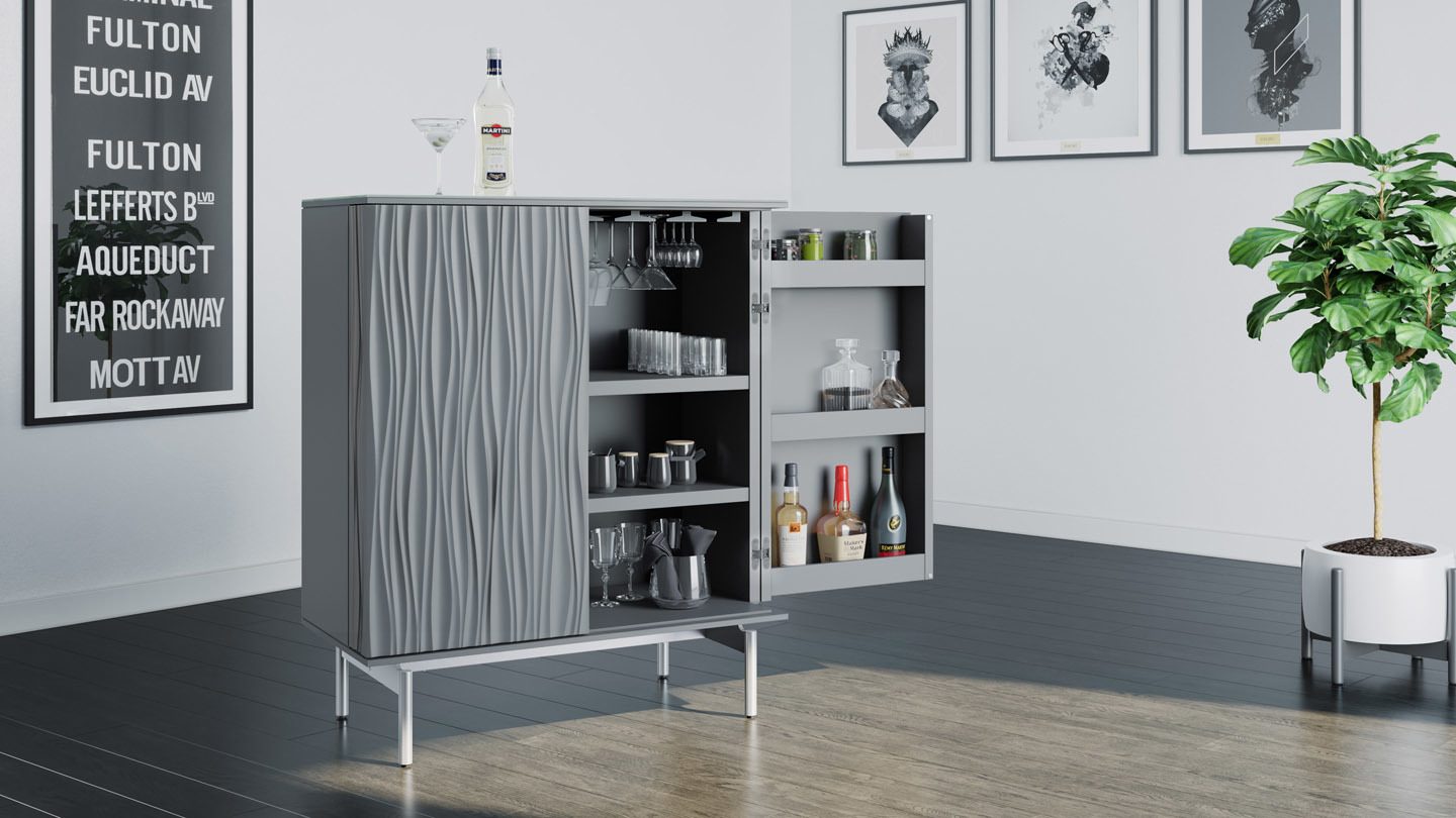 The BDI Tanami 7120 modern home bar cabinet in Fog Grey finish.