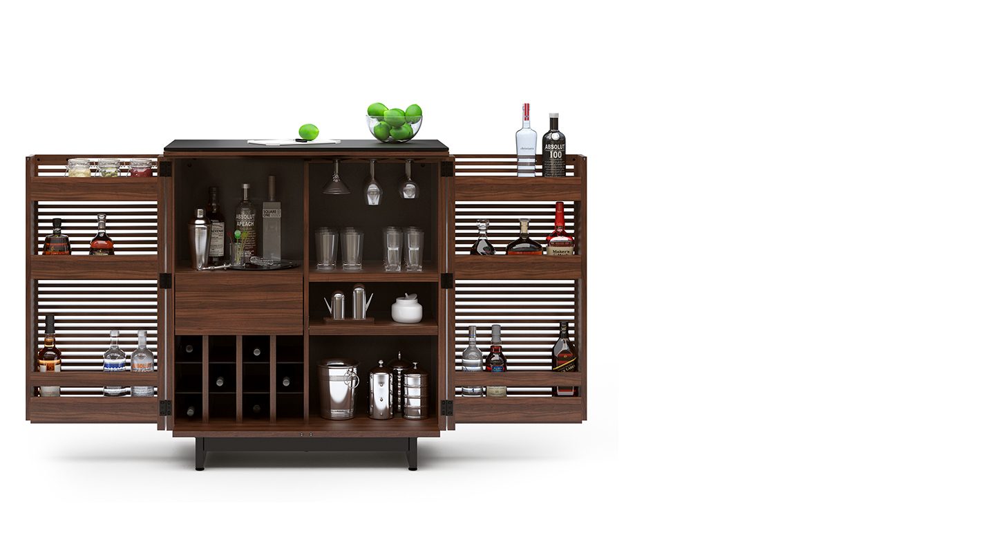 The modern Corridor Home Bar 5620 by BDI Furniture in a beautiful chocolate stained walnut finish