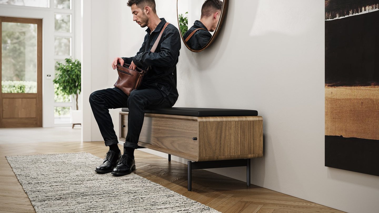 LINQ bench BDI 9102 leather black upholstered storage bench PE WL 1440 810