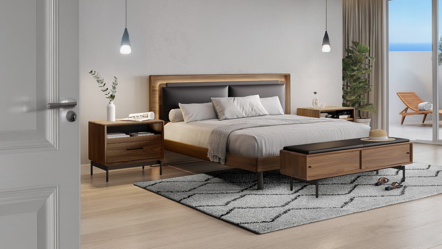 LINQ bedroom bench BDI 9102 leather black upholstered storage bench PE WL Contour 1440 810