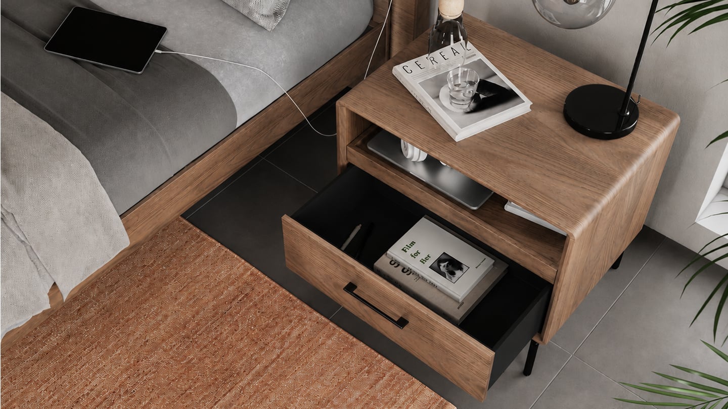 Linq 9182 modern wood bedroom 28 side table bdi furniture walnut lifestyle 4 1440x810