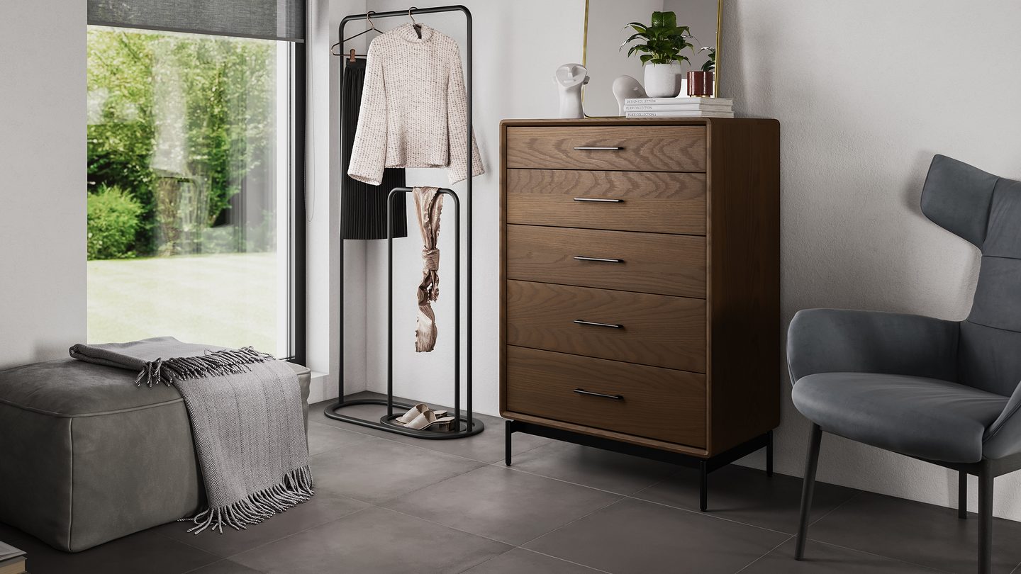 Linq 9185 modern wood bedroom 5 drawer chest bdi furniture mocha balanced design