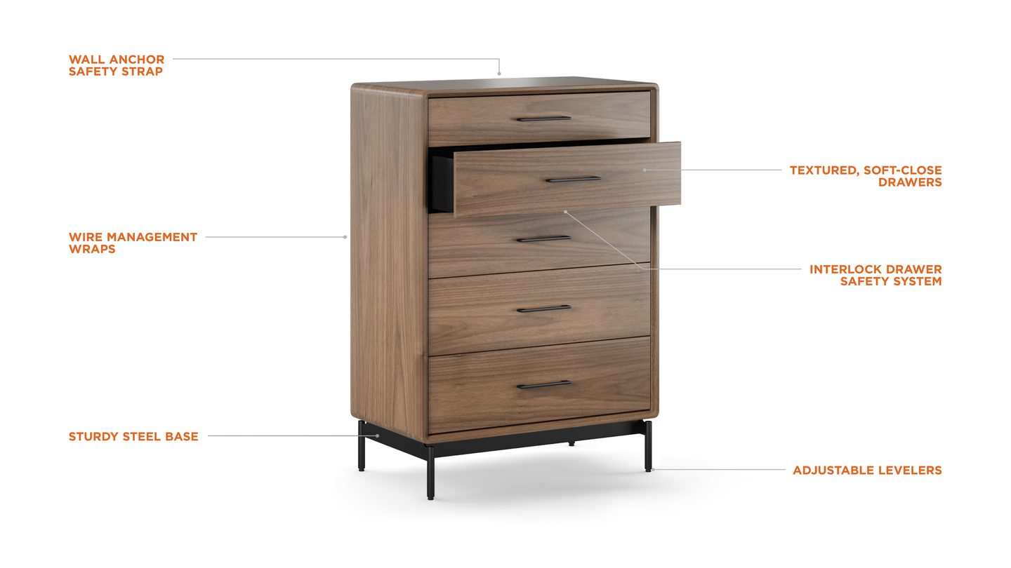 Linq 9185 WL modern five drawer tall chest bdi furniture features call out