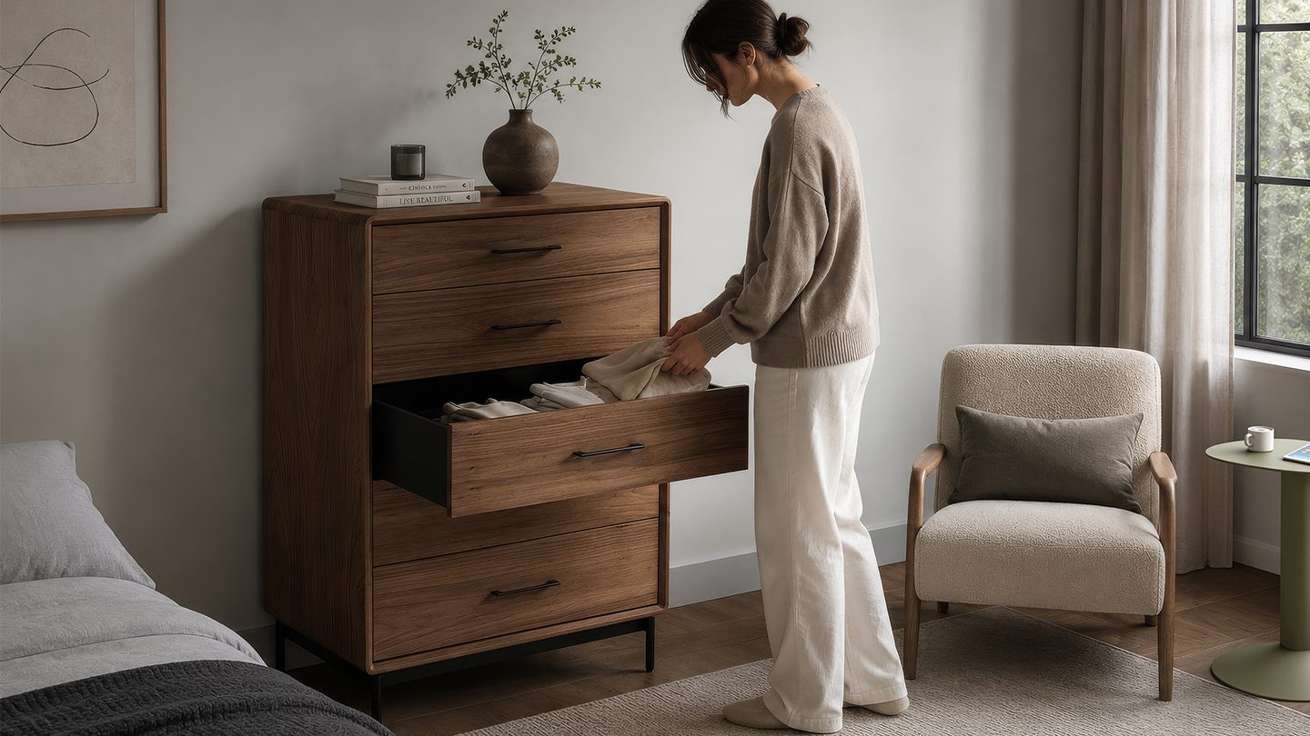 Linq 9185 modern wood bedroom 5 drawer chest bdi furniture walnut isolated 8 1440x810
