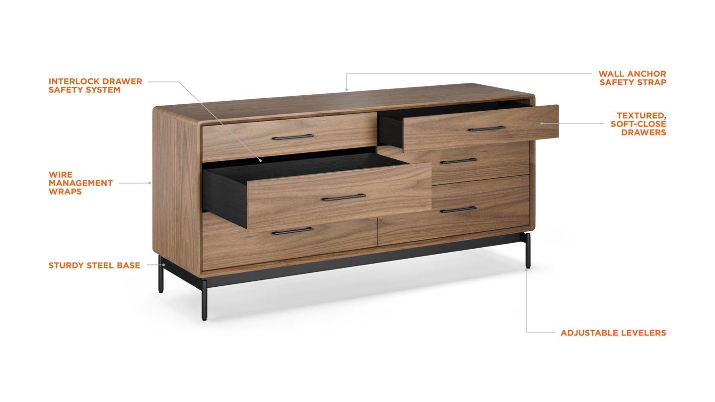 Linq 9186 WL modern six drawer wide dresser bdi furniture features call out