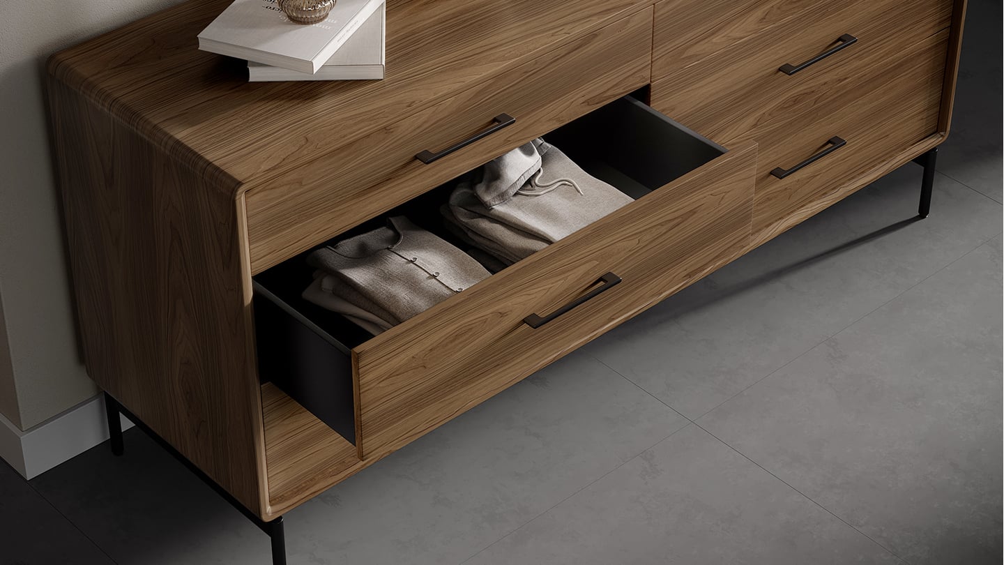 Linq 9186 modern wood bedroom 6 drawer dresser bdi furniture walnut lifestyle detail 1440x810
