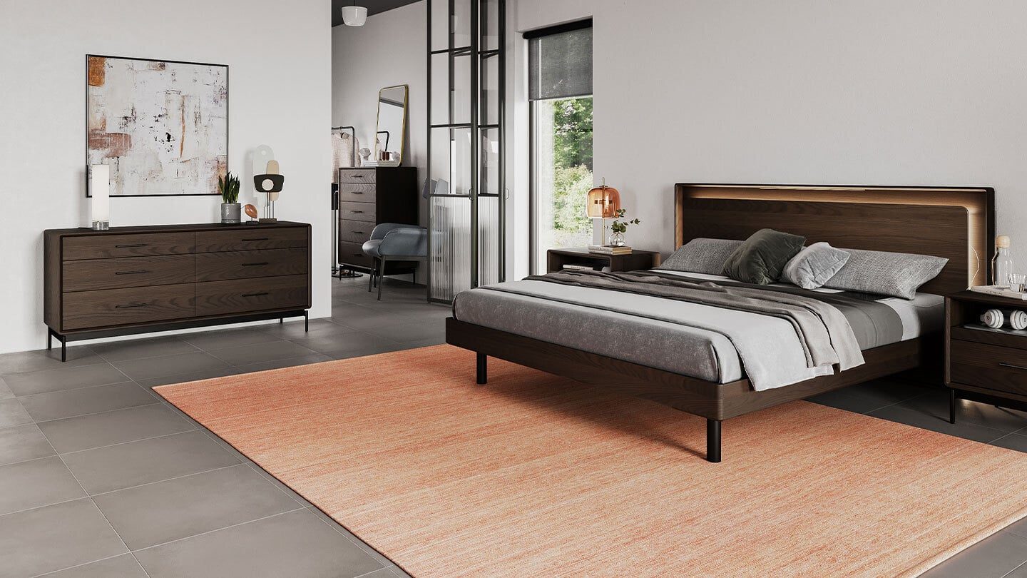 Linq modern bedroom furniture collection BDI toasted oak platform bed with lighting 1440 810